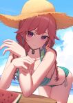  1girl beach bikini blue_sky breasts choker cloud cloudy_sky day dutch_angle erezu food fruit green_bikini hat highres hololive hololive_english large_breasts leaning_forward looking_at_viewer orange_hair outdoors purple_eyes side-tie_bikini_bottom sky smile solo straw_hat swimsuit takanashi_kiara takanashi_kiara_(2nd_costume) virtual_youtuber watermelon 