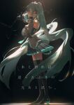  1girl absurdly_long_hair aqua_hair bad_anatomy bare_shoulders black_skirt boots breasts cable closed_eyes closed_mouth dark_background detached_sleeves from_side full_body grey_shirt hands_on_own_chest hatsune_miku highres large_breasts long_hair microphone microphone_stand miniskirt nikogramdayo pleated_skirt shirt shoulder_tattoo skirt sleeveless sleeveless_shirt solo standing studio_microphone tattoo thigh_boots very_long_hair vocaloid 