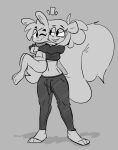  2022 absurd_res american_red_squirrel anthro bar_emanata biped bottomwear breasts buxy carrying_another clothed clothed_anthro clothed_female clothing digital_drawing_(artwork) digital_media_(artwork) duo embrace eye_contact female fluffy fluffy_tail fur greyscale hair hi_res hug izzy_(buxy) lagomorph larger_anthro larger_female leporid looking_at_another male mammal monochrome nude_anthro nude_male open_mouth pine_squirrel rabbit rodent sciurid simple_background size_difference smaller_anthro smaller_male smile standing tail topwear tree_squirrel 