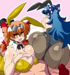  1boy 2girls akasode_(tyaramu) ass breasts buttjob cum hetero highres huge_ass huge_breasts large_breasts multiple_girls paizuri playboy_bunny pov sex siblings sisters touhou translation_request yorigami_jo&#039;on yorigami_shion 