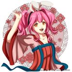  1girl animal_ears black_hairband breasts brown_eyes cleavage collarbone english_commentary fake_animal_ears hairband instagram_username japanese_clothes kimono looking_at_viewer macross macross_delta makina_nakajima medium_breasts medium_hair neldorwen open_hand open_mouth pink_kimono rabbit_ears smile solo twintails upper_body web_address 