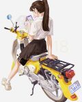 1girl brown_hair cellphone cellphone_charm charm_(object) chewing_gum dress_shirt from_behind high_ponytail highres long_hair motor_vehicle motorcycle on_motorcycle oosan1020 original phone pleated_skirt school_uniform shirt shoes shorts shorts_under_skirt sitting skirt sneakers socks solo striped striped_shorts white_background white_footwear 