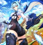  1girl absurdres ass black_hairband black_shorts black_thighhighs blue_hair blue_sky brown_eyes cloud commentary cowboy_shot day eula_(genshin_impact) foreshortening genshin_impact gloves hair_ornament hairband harukey high-waist_shorts highres holding juliet_sleeves long_sleeves looking_at_viewer medium_hair outdoors puffy_sleeves shirt shorts sky solo standing thighhighs thighs white_shirt wide_sleeves 