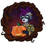  absurd_res autum clothing food fruit fur grey_body grey_fur hair halloween halloween2023 hi_res holidays jack-o&#039;-lantern mammal orange plant procyonid pumpkin purple_hair raccoon sweater topwear vines 