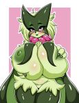  2023 3_fingers anthro areola arm_tuft bedroom_eyes big_breasts black_eyebrows black_eyelashes black_nose black_pupils blush breast_grab breast_tuft breasts chest_tuft claws digital_media_(artwork) eyebrows eyelashes fangs female fingers front_view fur generation_9_pokemon genitals green_areola green_body green_fur green_nipples green_tongue hand_on_breast hand_on_own_breast hands_on_own_breasts hi_res holding_breast huge_breasts looking_at_viewer meowscarada narrowed_eyes navel nintendo nipples nude open_mouth open_smile outline pawpads pink_background pink_eyes pixi_mikuxxx pokemon pokemon_(species) pokemorph pupils pussy seductive simple_background smile solo standing teeth thick_thighs tongue tuft white_background white_outline 