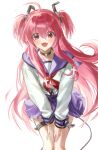  1girl ahoge angel_beats! black_choker blush choker collarbone fangs feet_out_of_frame hands_on_own_thighs highres looking_at_viewer neckerchief pink_eyes pink_hair red_neckerchief school_uniform serafuku simple_background smile solo thigh_strap two_side_up white_background yui_(angel_beats!) zuzu_(wckd7545) 