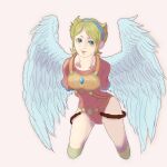  1girl angel_wings aqua_eyes armor blonde_hair boots breath_of_fire breath_of_fire_i feathered_wings hairband highres leotard looking_at_viewer nina_(breath_of_fire_i) open_mouth red_leotard satori_ill short_hair simple_background smile solo thighhighs white_wings wings 