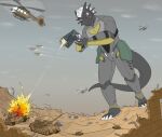  2020 4_toes aircraft airplane anthro armor barefoot battle black_body black_scales blurred_background building city_destruction claws colored destroyed_building destroyed_city destruction digital_drawing_(artwork) digital_media_(artwork) dragon explosion fandroit feet fire fur gun handgun helicopter jet male muzzle_flash one_eye_closed outside pistol purple_eyes ranged_weapon ruins scales shooting sig_(me-havoc) signature solo tail tank toe_claws toes vehicle weapon white_body white_claws white_fur 