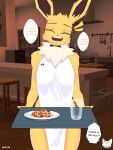 3:4 apron breasts butt canid canine clothed clothing cookie digital_media_(artwork) eeveelution female food fur generation_1_pokemon hi_res humanoid jolteon mammal nintendo open_mouth pokemon pokemon_(species) serubijagung simple_background solo text yellow_body yellow_fur 