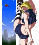  1boy 1girl android_18 back bare_shoulders blonde_hair blood breasts commentary_request cropped_jacket day denim denim_shorts dimples_of_venus dragon_ball dragon_ball_z earrings flexible forest highres jewelry kicking kuririn large_breasts legs mountain nature no_bra no_panties no_shirt open_mouth revision short_shorts shorts sideboob sky split standing standing_on_one_leg standing_split striped striped_thighhighs suna_(sandworks) thighhighs zipper 