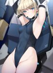  1girl armpits arms_up blonde_hair blue_archive blue_eyes blue_leotard blunt_bangs breasts earpiece fed_(giba) hair_bun halter_leotard highres leotard looking_at_viewer maid_headdress sleeveless_turtleneck_leotard small_breasts solo thighs toki_(blue_archive) 