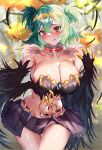  1girl alternate_breast_size black_feathers black_wings blush breasts claws cleavage commission feathers gotou_fundoshi green_hair harpy indie_virtual_youtuber large_breasts lincoro monster_girl navel pointy_ears red_eyes short_twintails skeb_commission solo stomach_tattoo tattoo tiara tongue tongue_out twintails virtual_youtuber winged_arms wings 