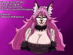  ahegao anthro arm_tattoo big_breasts big_ears breasts brown_clothing brown_sweater brown_topwear canid canine clothed clothing eyewear fangs female fennec fox fur glasses hair hi_res huge_breasts jabajesse_(kaycraftytrus) kaycraftytrus looking_pleasured mammal orange_eyes partially_clothed pink_body pink_fur pink_hair pink_skin purple_background red_eyes simple_background sweater tattoo teeth topwear 