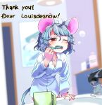  1girl absurdres alternate_costume animal_ears arm_support blurry blurry_background blush breasts brushing_teeth cleavage commentary commission cup drooling english_commentary grey_hair hair_between_eyes hand_up highres indoors leaning_forward louisdesnow medium_breasts mouse mouse_ears mouse_tail mouth_drool mug nazrin one_eye_closed open_mouth pajamas perspective petite red_eyes sink sleep_bubble solo tail teeth touhou 