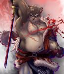  anthro asian_clothing belt blood blue_eyes bodily_fluids canid canine canis clothing domestic_dog east_asian_clothing eyebrows guadr hi_res japanese_clothing katana kimono lifewonders male mammal melee_weapon moritaka musclegut navel nipples pecs samurai scar solo sword sword_sheath thick_eyebrows tokyo_afterschool_summoners warrior weapon 