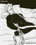  1boy arms_behind_back ass bara bdsm beard_stubble bodysuit boku_no_hero_academia bondage bound bound_wrists full_body greyscale long_sleeves looking_at_viewer lying male_focus mature_male monochrome muscular muscular_male mustache_stubble no_mask on_bed on_side short_hair smokerichi solo stitches twice_(boku_no_hero_academia) 