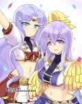  2girls alternate_costume bike_shorts blue_eyes breasts cheerleader circlet fire_emblem fire_emblem:_genealogy_of_the_holy_war fire_emblem:_thracia_776 julia_(fire_emblem) long_hair multiple_girls open_mouth pom_pom_(cheerleading) purple_eyes purple_hair sara_(fire_emblem) skirt stomach yukia_(firstaid0) 