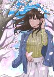  1girl absurdres artist_name blue_jacket brown_hair cherry_blossoms day grey_eyes hand_up highres jacket jacket_on_shoulders long_hair long_neck original outdoors ribbed_shirt shirt skirt spring_(season) standing tree wheather white_skirt wind yellow_shirt 