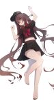  1girl absurdres barefoot black_nails brown_hair flower-shaped_pupils full_body genshin_impact hat highres hu_tao_(genshin_impact) long_hair looking_at_viewer open_mouth qixia red_eyes simple_background symbol-shaped_pupils thighs toes twintails white_background 