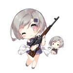  2girls :&gt; =_= bare_legs bare_shoulders black_footwear blue_dress blue_flower blue_ribbon blush blush_stickers brown_dress chibi closed_mouth crossed_legs cup dragunov_svd dress fairy_(girls&#039;_frontline) flower footwear_flower full_body girls&#039;_frontline gloves grey_hair gun hair_flower hair_ornament hand_on_own_cheek hand_on_own_face holding holding_cup holding_gun holding_weapon looking_at_viewer mole mole_under_mouth multiple_girls neck_ribbon off-shoulder_dress off_shoulder official_art one_eye_closed pink_eyes ribbon rifle saru scope short_hair simple_background slit_pupils sniper_fairy_(girls&#039;_frontline) sniper_rifle teacup third-party_source transparent_background weapon white_gloves 