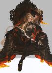  1girl armor black_armor black_bodysuit black_cape black_gloves black_horns blonde_hair bodysuit boots breastplate cape chair crossed_legs demon demon_girl demon_horns dragon_horns en_(enxxx) facial_mark fate/grand_order fate_(series) fur-trimmed_cape fur_trim gloves hair_over_one_eye high_heel_boots high_heels highres horns long_hair long_horns looking_at_viewer nero_claudius_(fate) on_chair one_eye_covered pointy_ears queen_draco_(fate) queen_draco_(third_ascension)_(fate) red_cape red_eyes shoulder_plates simple_background sitting smile solo very_long_hair wavy_hair 