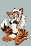  2:3 anthro bikini blue_eyes clothed clothing female fur hair multicolored_body multicolored_fur posing_for_picture roksodraws smile smiling_at_viewer solo striped_body striped_fur stripes sukena swimwear tail two_tone_body two_tone_fur white_body white_fur white_hair 