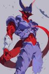  1boy absurdres akame_(chokydaum) blue_eyes closed_mouth colored_sclera colored_skin dragon_ball dragon_ball_z fingernails highres horns janemba looking_at_viewer pointy_ears red_skin sharp_fingernails signature simple_background solo tail yellow_sclera 