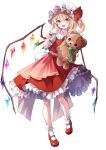  1girl :d back_bow blonde_hair bobby_socks bow crystal eyebrows_hidden_by_hair flandre_scarlet flat_chest full_body hand_up highres holding holding_stuffed_toy kure~pu looking_at_viewer mary_janes medium_hair one_side_up open_mouth petticoat pink_eyes red_footwear red_skirt red_vest shoes simple_background skirt smile socks solo standing standing_on_one_leg stuffed_animal stuffed_toy teddy_bear touhou vest white_background wings 