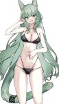  1girl absurdres animal_ear_fluff animal_ears arknights arm_up ass_visible_through_thighs bikini black_bikini breasts cat_ears cat_girl cat_tail cleavage cowboy_shot eyes_visible_through_hair green_eyes green_hair green_tail groin hand_on_own_stomach harmonie_(arknights) highres infection_monitor_(arknights) large_breasts light_blush long_hair looking_at_viewer navel open_mouth paid_reward_available simple_background skindentation solo standing swimsuit tail touko_(toko12_tooko) very_long_hair white_background 