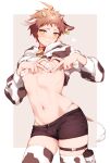  1boy absurdres ahoge amido_(compassion273) animal_ears animal_print bell bikini black_shorts black_thighhighs blush collar cow_boy cow_ears cow_horns cow_print cow_tail cowboy_shot cropped_hoodie danganronpa_(series) danganronpa_2:_goodbye_despair heart highleg highleg_bikini highres hinata_hajime hood hoodie horns male_focus male_lactation milk navel neck_bell red_collar see-through_bikini short_shorts shorts solo swimsuit tail thigh_strap thighhighs two-tone_hoodie two-tone_thighhighs white_bikini white_thighhighs 