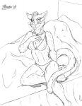  2019 anthro bed bed_sheet bedding bojack_horseman bra breasts claws clothing domestic_cat felid feline felis female fur furniture hand_on_chest hi_res jewelry looking_at_viewer mammal marcushunter monochrome mouth_closed narrowed_eyes navel necklace netflix panties pillow princess_carolyn signature sitting sitting_in_bed smile smiling_at_viewer smirk solo underwear whiskers 