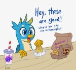  2020 4_fingers avian bag beak blue_body blue_eyes blue_feathers blue_fur box chest_tuft chicken_meat chicken_nugget container cup dialogue digital_media_(artwork) eyebrows feathers feral fingers food friendship_is_magic fur furniture gallus_(mlp) gryphon handgunboi hasbro hi_res holding_food holding_object male meat multicolored_body multicolored_fur my_little_pony mythological_avian mythology open_mouth open_smile simple_background smile solo straw table talons tan_body tan_fur tuft two_tone_body two_tone_fur white_background wings wood 