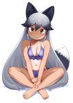  1girl animal_ears bare_arms bare_legs bare_shoulders barefoot bikini black_hair blue_bikini breasts cleavage commentary crossed_ankles extra_ears feet fox_ears fox_girl fox_tail full_body gradient_hair grey_hair hair_between_eyes highres kemono_friends long_hair looking_at_viewer masuyama_ryou medium_breasts multicolored_hair navel orange_eyes silver_fox_(kemono_friends) simple_background sitting smile solo swimsuit tail tan tanlines toes v_arms very_long_hair white_background 