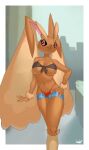  1girl :3 animal_ears animal_nose arm_at_side artist_name bandeau bare_shoulders black_bandeau blue_shorts blurry blurry_background body_fur border breasts brown_fur closed_mouth collarbone commentary english_commentary furry furry_female groin half-closed_eyes hand_on_own_hip happy highleg highleg_panties highres ivvvle large_breasts legs lopunny micro_shorts navel open_fly outside_border panties pink_eyes pointy_ears pokemon pokemon_(creature) rabbit_ears rabbit_girl red_panties shorts skindentation smile solo standing stomach string_panties thighs two-tone_fur unbuttoned underboob underwear watermark white_border yellow_fur 
