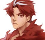  1boy bara from_side highres huge_eyebrows looking_at_viewer male_focus multicolored_hair original parted_lips portrait red_eyes short_hair sideburns solo streaked_hair thick_eyebrows ttn_(239_239) 
