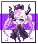  1girl :d black_dress black_footwear black_horns black_thighhighs boots braid breasts chibi cleavage crown demon_horns dress full_body hair_ornament highres horns long_hair looking_at_viewer master_detective_archives:_rain_code multicolored_hair nagipon_(relativity_eins) open_mouth pink_eyes pink_hair ribbon shinigami_(rain_code) smile solo standing thighhighs twin_braids two-tone_hair very_long_hair white_hair white_ribbon 