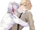  2boys aether_(genshin_impact) black_necktie blonde_hair brown_shirt genshin_impact grey_hair hair_between_eyes highres kaedehara_kazuha long_sleeves male_focus multicolored_hair multiple_boys necktie ponytail red_eyes red_hair shirt short_hair user_fzuz2338 white_background white_shirt yaoi yellow_eyes 