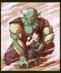  2boys angry antennae biceps black_hair black_nails blue_pants blush child clenched_teeth colored_skin commentary_request crying crying_with_eyes_open dougi dragon_ball dragon_ball_super dragon_ball_z fingernails glaring green_skin highres kneeling koukyouji long_hair looking_at_another looking_at_viewer male_child male_focus multiple_boys muscular muscular_male namekian on_one_knee open_mouth pants piccolo pointy_ears purple_pants raised_eyebrows red_sash sash scared smoke son_gohan spiked_hair tears teeth v-shaped_eyebrows veins 