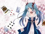 1girl alternate_costume blue_eyes blue_hair card closed_mouth comiya hatsune_miku karakuri_pierrot_(vocaloid) king_of_spades long_hair object_request playing_card serious short_sleeves solo tagme twintails two-tone_dress vocaloid 