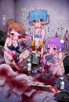  3girls aqua_hair barefoot black_bra blood blood_on_clothes blood_on_face blood_on_ground blood_on_hands blood_on_wall blood_splatter blush bottle bra breasts brown_eyes brown_hair bucket cleavage commentary_request cone_hair_bun corpse death double_bun gloves guro hair_between_eyes hair_bun hair_ornament hair_rings hairclip highres holding holding_bucket indoors kneeling large_breasts looking_back mask mask_pull multiple_girls newspaper one_eye_closed open_mouth orange_eyes panties parted_lips pink_gloves polka_dot polka_dot_bra polka_dot_panties pom_pom_(clothes) pom_pom_hair_ornament purple_eyes purple_hair rubber_gloves saw shinigami_dot_com sitting small_breasts spray_bottle sweat tissue translation_request trash_bag underwear used_tissue yasashii_naizou yellow_gloves 