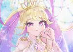  1girl blonde_hair blue_background blue_eyes closed_mouth crown gem gold_trim hands_up himeme_(waccha_primagi!) long_hair looking_at_viewer multicolored_hair o4ritarou own_hands_together pink_eyes pink_hair pretty_(series) smile solo sparkle twintails two-tone_hair upper_body waccha_primagi! waccha_primagi!_studio 