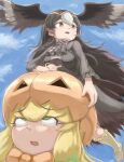  2girls bird_girl bird_tail black_hair blonde_hair blue_sky boots bow bowtie dress feathered_wings green_eyes grey_eyes head_wings highres jack-o&#039;-lantern_(kemono_friends) kemono_friends long_hair multiple_girls okyao pumpkin_hat scarf sky striated_caracara_(kemono_friends) tail wings 