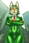  2023 absurd_res anthro big_breasts blue_eyes bodysuit breasts buffbumblebee building business_suit canid canine city city_background clothed clothing crossed_arms dipstick_ears female fox fur green_bodysuit green_clothing green_hair green_latex green_suit hair hi_res latex looking_at_viewer low-angle_view mammal multicolored_body multicolored_ears multicolored_fur necktie orange_body orange_fur red_necktie rubber rubber_clothing rubber_suit skinsuit skyscraper solo standing story story_in_description suit thigh_gap tight_clothing white_body white_fur zipper zyla_garthori_(zylo_garoh) 