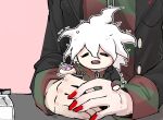  2boys :d =_= animal_collar bandaid bandaid_on_arm black_jacket chain chain_leash chibi closed_eyes collar commentary danganronpa_(series) danganronpa_another_episode:_ultra_despair_girls dual_persona english_commentary fingernails green_shirt hair_between_eyes holding holding_syringe jacket komaeda_nagito lapels leash messy_hair mini_person miniboy monokuma multiple_boys no_fingers no_nose open_mouth outline red_nails red_shirt servant_(danganronpa) seumol_sx shirt sleeves_rolled_up smile striped striped_shirt syringe teeth trembling two-tone_shirt upper_teeth_only white_hair white_outline 