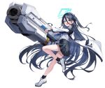  1girl :d aris_(blue_archive) black_hair black_socks blue_archive blue_eyes bright_pupils hairband halo highres jacket long_hair one_side_up open_clothes open_jacket pleated_skirt railgun ringed_eyes saio425 shoes skirt smile socks solo uniform very_long_hair white_background white_pupils 