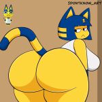  2023 animal_crossing ankha_(animal_crossing) anthro bent_over big_butt blue_hair butt domestic_cat ears_up felid feline felis female hair hi_res idontknow_art looking_back mammal narrowed_eyes nintendo raised_tail signature solo solo_focus tail yellow_body 