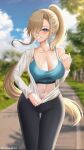  1girl absurdres asuna_(blue_archive) black_pants blonde_hair blue_archive blue_eyes blue_sky blurry blurry_background blush breasts cloud cloudy_sky collarbone commentary day english_commentary eyelashes grin hair_over_one_eye highres large_breasts long_hair long_sleeves midriff navel off_shoulder open_clothes open_shirt outdoors pants ponytail rayleigh_scale sidelocks sidewalk signature sky smile sports_bra sportswear sweat tree underwear unzipped unzipping very_long_hair workout_clothes 