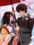  1boy 1girl alternate_costume artist_logo black_hair black_jacket blush brown_hair chitanda_eru highres hyouka jacket japanese_clothes kamiyama_high_school_uniform_(hyouka) kimono long_hair mery_(yangmalgage) oil-paper_umbrella open_mouth oreki_houtarou purple_eyes sailor_collar school_uniform shirt short_hair short_hiar umbrella white_shirt 