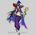  1boy abs black_hair fire_emblem fire_emblem_heroes freestyle18 halloween halloween_costume hat headband holding holding_staff long_hair male_focus midriff navel official_alternate_costume pants purple_pants seadall_(fire_emblem) seadall_(halloween)_(fire_emblem) solo staff witch_hat 