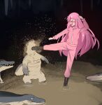  1girl absurdres bocchi_the_rock! closed_eyes commentary crocodile crocodilian gotoh_hitori highres hinghoi jacket kicking pink_hair pink_jacket solo 